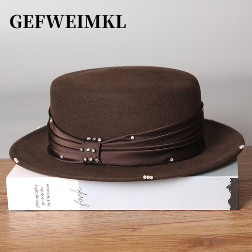 GEFWEIMKL French Pearl Bow Flat Top Women's Hat Autumn and Winter New Merino Wool Felt Hat Hepburn Style Hat Women Light Gray One Size (56-58cm)