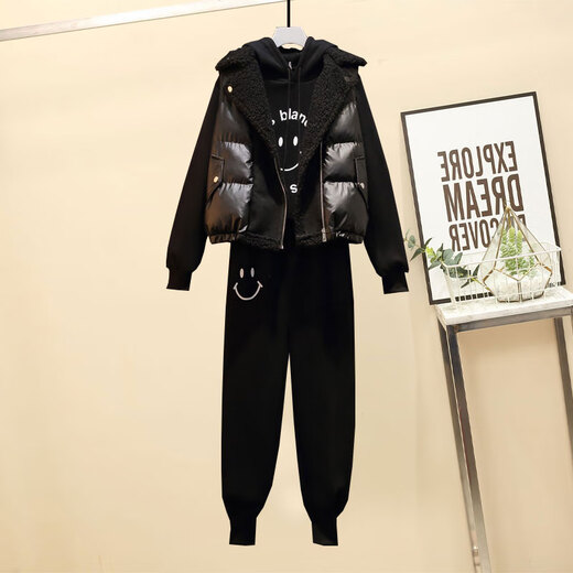 Lisaft Women's 2024 Autumn and Winter New Casual Sports Velvet Thickened Sweater Vest Three-piece Suit 9738# Black Three-piece Suit L