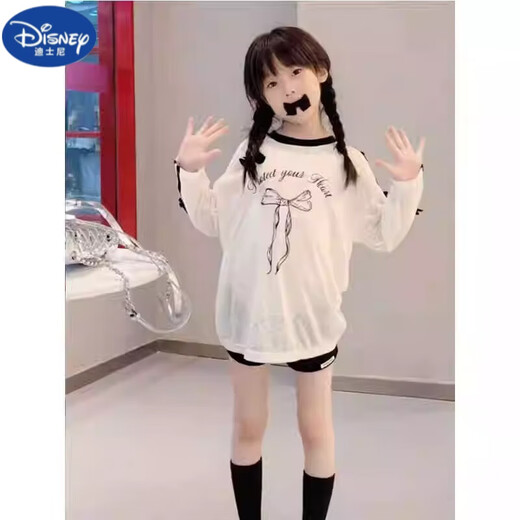 Disney Girls Autumn T-shirt Korean Style Bow Long Sleeve Top Children's New Lightweight Basement Air Conditioner Medium and Big Children Sun Protection White T 120