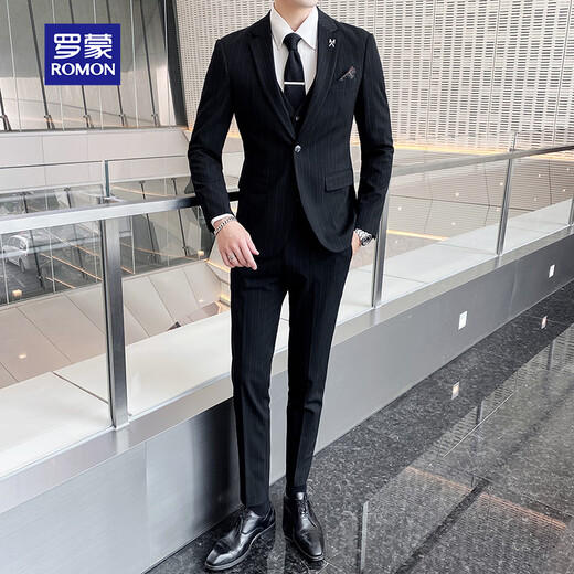 ROMON suit men's three-piece high-end tailoring business slim professional formal wedding dress jacket black 2XL