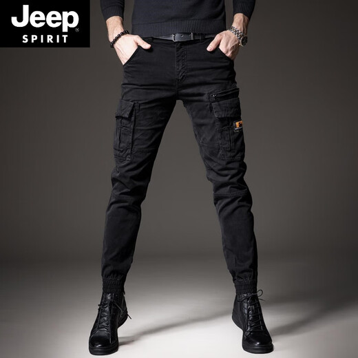 Jeep Spirit2024 Frühlings- und Herbst-neue Arbeithosen Herrenmarke Multi-Tocket Dicked Retro Casual Herrenhosen Schlanke Legginghosen 691 Black 29