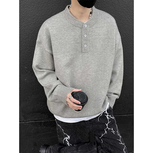 Katuchi American Henry collar sweater men's spring high-end lazy bottoming sweater cleanfit with warm long sleeves light gray L