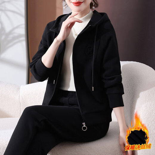 语缦 加绒卫衣女装休闲运动套装秋冬2024新款时尚洋气加厚显瘦两件套 2605卡其 M (85-100斤)
