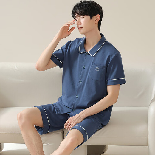 莫代尔【7A抗菌】100%纯棉夏季情侣睡衣一男一女短袖长裤可外穿家居服薄 09M12806男 XL