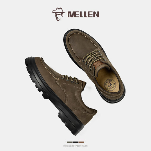 Minglang MELLEN men's new genuine leather casual shoes British style thick sole work shoes fashionable retro comfortable breathable soft sole big toe shoes khaki (real leather lining) 42