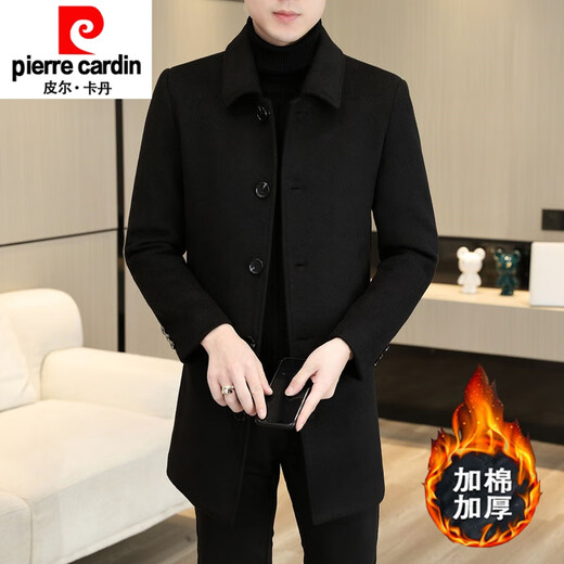 Pierre Cardin hiver épaissi mi-long manteau en laine laine doudoune chaude pour hommes veste décontracté revers vison vêtements nouveau produit 88601/noir/coton style tissu de laine M