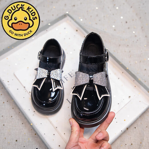 G.duck Little Yellow Duck Girls' Small Leather Shoes Spring and Autumn Fashion Bow Black Little Girls Black British Style Performance Shoes Casual HDL-Black 820 (Leather) Size 37 Inner Length 23.5cm