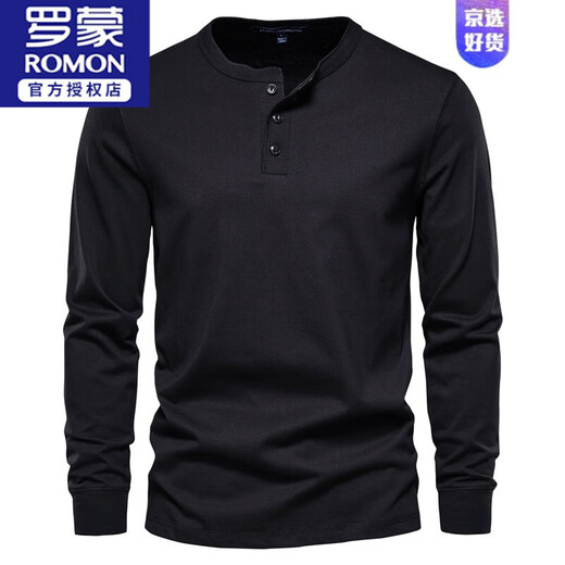 ROMON American retro long-sleeved Henry shirt spring and autumn T-shirt men's heavy cotton Ami khaki casual black loose top dark blue A501 long sleeve L 145-160Jin Jin equals 0.5 kg