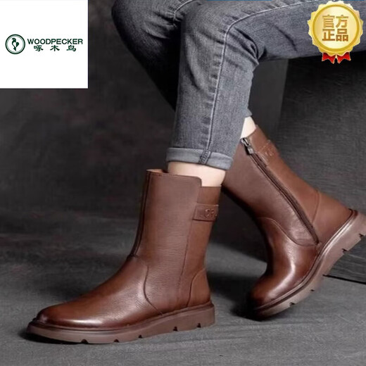 Specht Marke Echtes Leder Retro Martin Stiefel für Frauen 2025 Herbst und Winter weiche Leder sowie Velvet Vielseitig flacher Boden Nicht-Schlupf-Mittelstiefel Schwarze Single 38