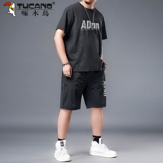 啄木鸟大码冰丝运动服套装男夏季胖子加肥加大速干短裤短袖t恤休闲男装 黑色826一套 XL 建议125-140斤