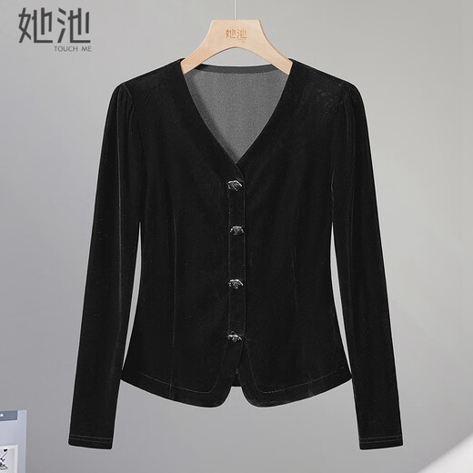 She pool V-neck single-breasted velvet shirt women's 2025 autumn new retro elegant long-sleeved shirt