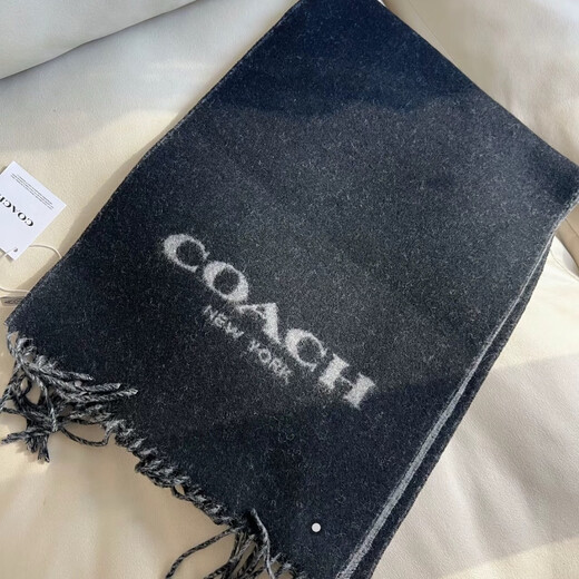 Coach Men's Wool Scarf Black Gray Logo Thick Unisex Scarf Double Sided Classic Logo Black/Gray Double Sided 76053 RI6
