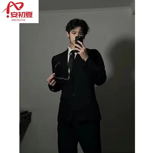 An early summer black casual suit men's spring and autumn British style a set of elegant and handsome men's blazer high-end suits suits suits + white shirt + trousers + tie XL