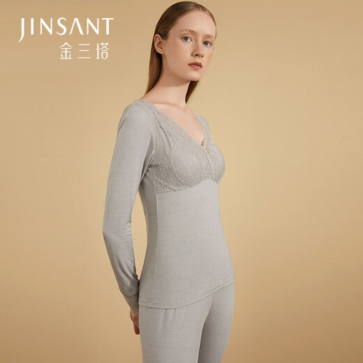 Jinsanta Autumn Clothes and Autumn Pants Women's Silk Lace Splicing Warm Simple Underwear Set with Cup 1NYFAD104 Bird Gray 9227 XL
