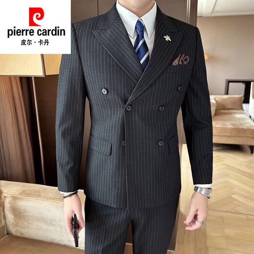 Pierre Cardin peaked lapel double-breasted suit men's slim suit plaid small suit business formal groom groomsmen wedding dress navy 3XL