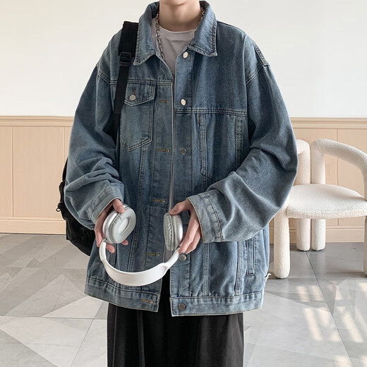 NEW OR MODE American retro high street denim jacket men's new spring and autumn youth trendy brand handsome high-end jacket top gray XL