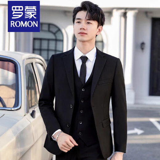 ROMON Suit Men's Korean Slim Jacket Groom Wedding Dress High-end Business Formal Casual Small Suit Men Black 2-button Top + Pants + Shirt 4XL Recommendation 175-190Jin Jin is equal to 0.5 kg