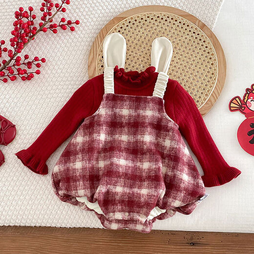 Baby girl's winter clothing plus velvet red New Year's romper plaid overalls khaki baby New Year's greetings attire baggy robe red khaki 66cm 66cm