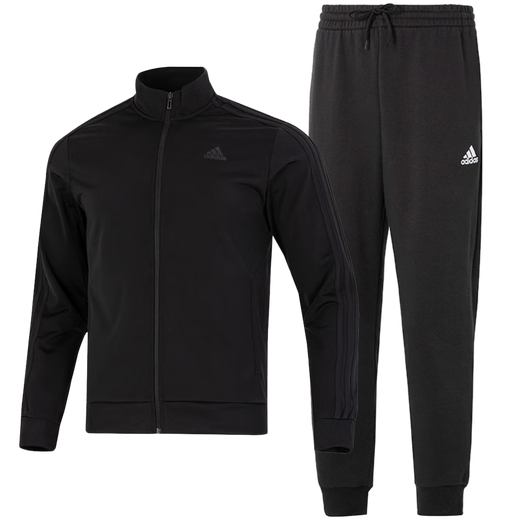 Adidas Men's Sports Cost Fitness Fitness Casual and Fashay Open-Basted Stand-Up Collar veste veste pantalon en tricot lâche H46101 + GK9226 / Black Trois bandes sur le côté de la veste L