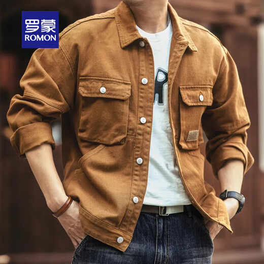 Romon Jacket American Heavyweight Retro Denim Jacket Men's Autumn and Winter Velvet Loose Casual Tough Guy Hunting Workwear Men's Turmeric L Suitable for 120-140 Jin Jin equals 0.5 kg