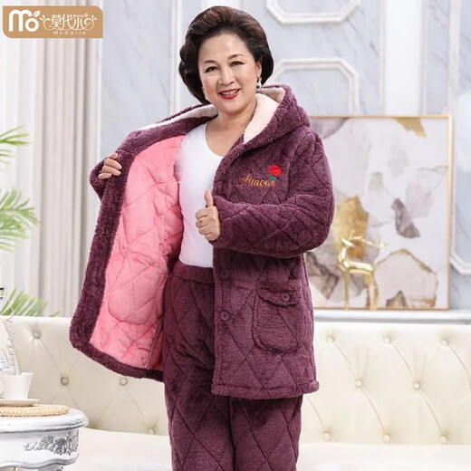 莫代尔中年妈妈加厚珊瑚绒中老年冬季宽松大码夹棉睡衣女保暖家居服套装 687 酒红色 水晶绒 中长款连帽 3XL 160-190斤 三层加厚