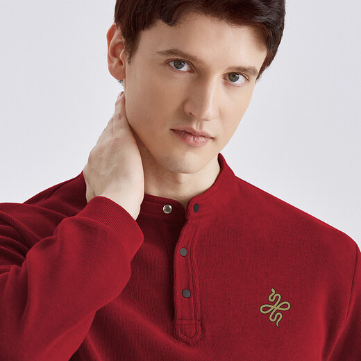 Year of the Paper Crane and Snake limited edition men's winter new men's Henry collar plus velvet thickened sweatshirt for young and middle-aged men's bottoming shirt dad wear 91D red plus velvet M
