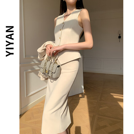 Sugargirl spring and autumn small suit suit women's professional temperament commuting host formal vest new high-end suit jacket off-white suit + vest + skirt three-piece set L