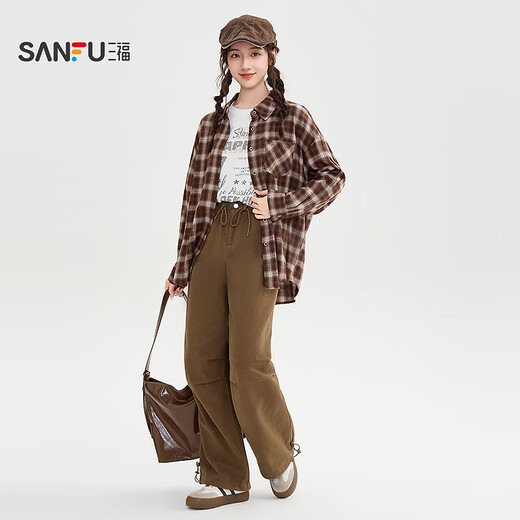 Sanfu (SANFU) langes Hemd 2025 Winter einfache Reverstasche Mode lose karierte Top Damen 512983 Ka Ge S
