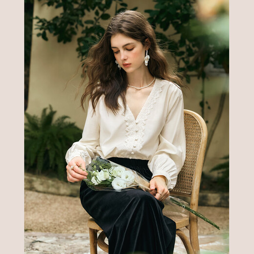 Olrain Elegant V-neck Long Sleeve Shirt Women's Autumn Lazy Style Spliced Lace Top Laurel Apricot XL