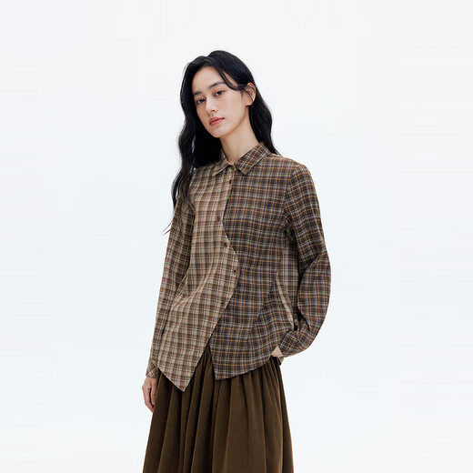 Birds and New Wine irregular splicing plaid long-sleeved shirt for women 2025 winter new design loose top color block tan HQJ04 S