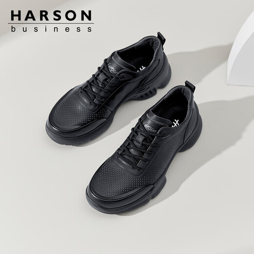 哈森（Harson）男鞋透气镂空商务休闲鞋通勤冲孔大码运动皮鞋 黑色 40
