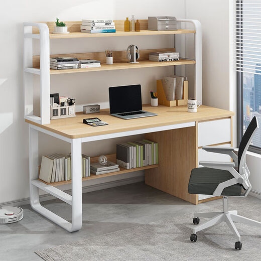 Jiajialin Computer Desk Desktop Bookshelf Bookcase Integrated Table and Chair Set Bedroom Study Table Student Writing Desk Upgraded Three Drawers Oak Color 120cm