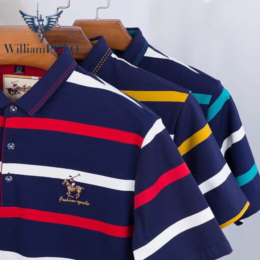 WILLIAMPOLO轻奢高端品牌夏季商务休闲男士短袖t恤翻领纯棉条纹polo衫体恤宽 绿色【3882款】 48/170/M 适合100-125斤