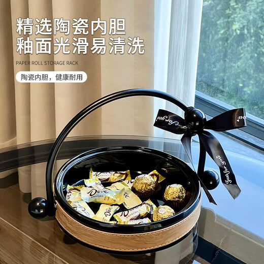 Zunmousi light luxury ceramic fruit plate home living room coffee table portable candy nut snack melon seed display plate 2025 new U-shaped handle fruit plate white