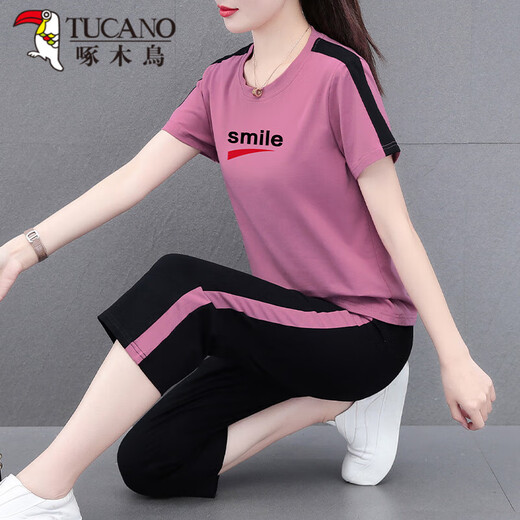 Woodpecker (TUCANO) good cotton sportswear suit for women in summer 2024 new middle-aged summer casual short-sleeved cropped pants two-piece orange cropped pants [687 models] M (recommended 80-95 Jin [Jin equals 0.5 kg])