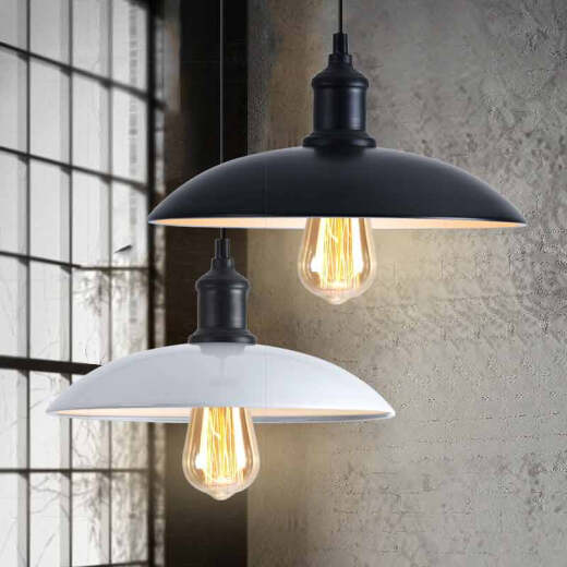 Yilin Nordic loft retro industrial style restaurant bar cafe Internet cafe creative single-head lampshade wrought iron pot lid chandelier 40CM black outside and white inside + Edison 4WLED