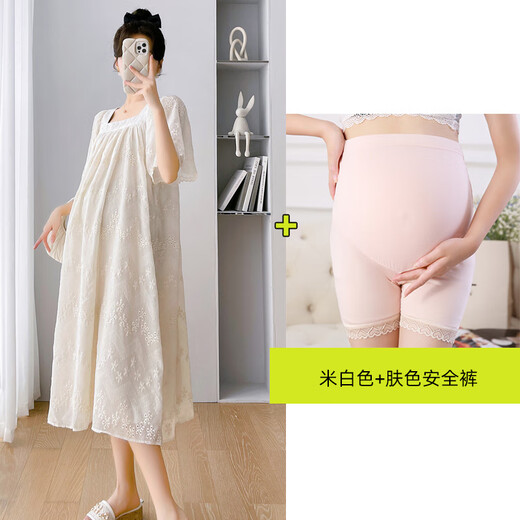 革曼孕妇装夏装宽松大码上衣遮肚子夏季裙子泡泡袖孕妇连衣裙夏天裙子 米白色 XXL(建议160-180斤)