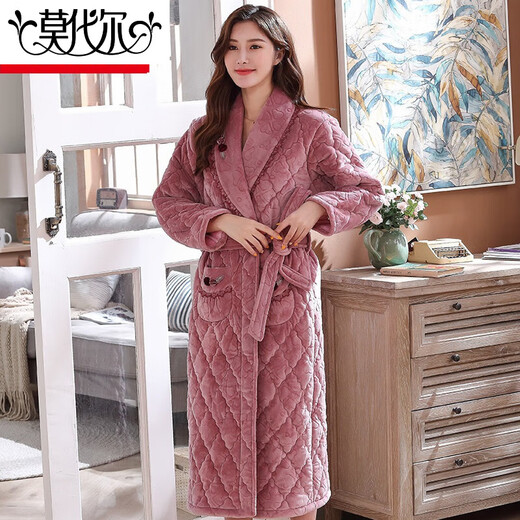 
Modal coral velvet nightgown for women in autumn and winter, thick three-layer cotton super thick pajamas for women with velvet bathrobe long CH9221 bean paste L