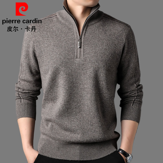 Pierre Cardin Men's Autumn and Winter Wool Sweater Half-High Zip Collar Thick Pure Wool Sweater Men's 100% Wool Thickened Bottoming Shirt