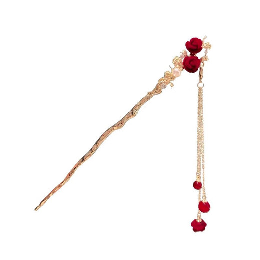 Mr. Ouyang's red camellia hairpin for autumn and winter style on the back of the head, new Chinese style hairpin, ancient style Hanfu tassel hairpin C14 rose red bean tassel A10-101