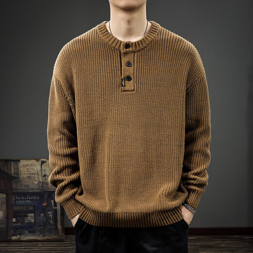 CANELIN KISKHA2025 Autumn Trendy Brand Sweater Men's American Retro Henley Collar Versatile Heavy Casual Sweater Autumn and Winter Jacket Gray Blue XL