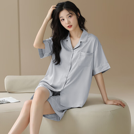 Modal ice silk pajamas for women for summer thin short sleeves 2025 new summer large size with breast pads for outdoor wear 09M16803 XL