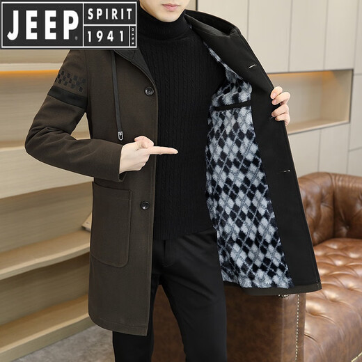 Шерстяное пальто Jeep Spirit для мужчин в середине длины плюс бархатный утолщенный ветерный куртка для мужчин 2024 Осень и зима Новый крупный топ с капюшоном с капюшоном с капюшоном с капюшоном.