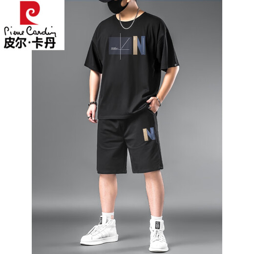 皮尔卡丹男士运动套装夏季大码胖子男装T恤加肥加大短袖短裤休闲两件套潮 黑色9922【一套】 3XL
