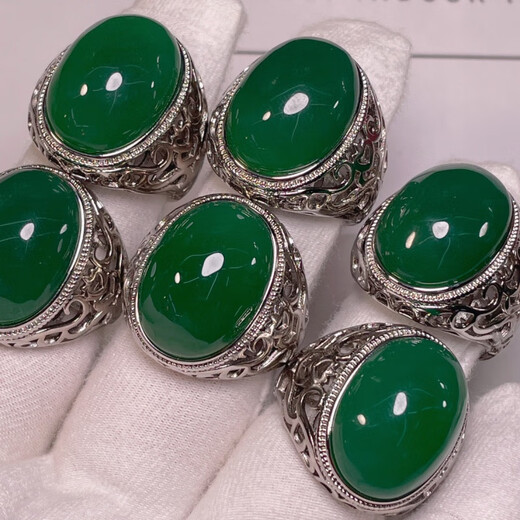 DL 1998 Fat Donglai same style emerald ring for men natural chalcedony agate ring emerald emerald color silver inlaid complex