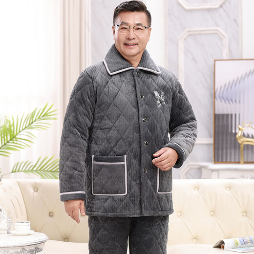 
Xuanduoqi pajamas men in winter thickened coral velvet three-layer cotton flannel dad middle-aged and elderly home clothes set C9901# black gray men [milk velvet] XXXL (165-200Jin [Jin equals 0.5 kg]) three-layer thickened