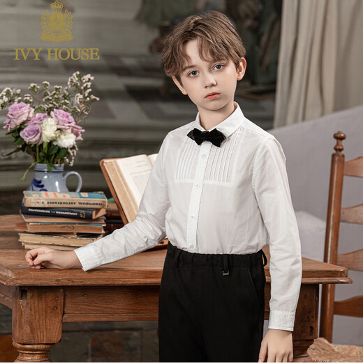 IVY HOUSE Ivy children's clothing for boys and older children in autumn new style classic simple long-sleeved white shirt college breathable cotton white ((bow tie not included)) 120cm