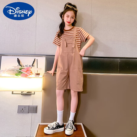 Disney Girls Summer Overalls Set 2025 New Children's Fashionable and Fashionable Medium-Grand Children's Internet Celebrity Street Two-Piece Set Pink 110 cm
