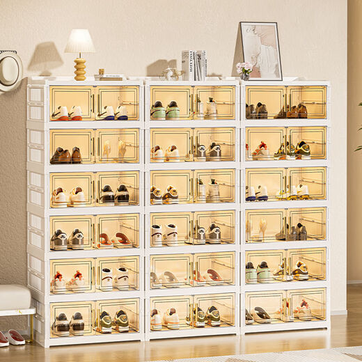 Sailotou Acrylic Shoe Box Fully Transparent 20-pack Free Installation Shoe Cabinet Entrance Door Home Shoe Rack Foldable Multi-Folding Magnetic Double Door Two Rows 9 Layers Can Hold 36 Pairs of Shoes