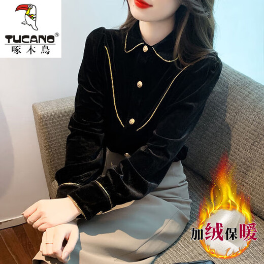 Woodpecker autumn and winter velvet thickened shirt for women 2025 new fashionable gold velvet top winter base layer shirt black plus/velvet XL